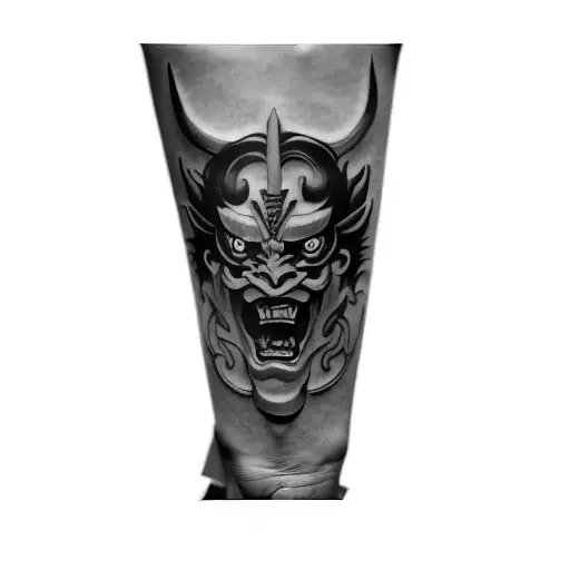 a japanese demon mask tattoo design idea