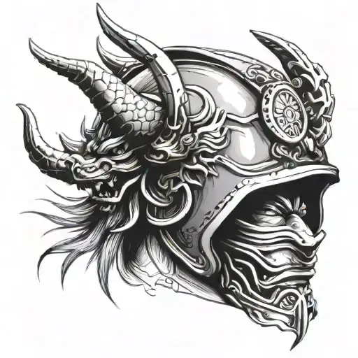 half samurai face with helmet half dragon face tattoo design idea