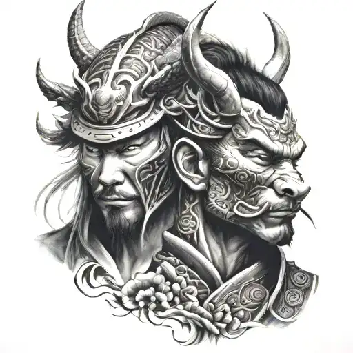 samurai face and dragon face tattoo design idea