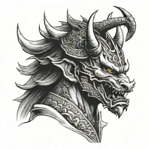 half samurai face half dragon face tattoo design idea