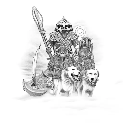 un hombres cruzando el mictlan con dos perros en una Canoa tattoo design idea