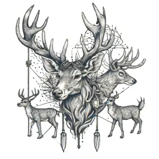 A family of deer with antlers shaped like a cross, surrounded by fishing rods and hunting gear tattoo design idea
