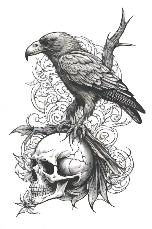 skull and crow sitting tattoo design idea