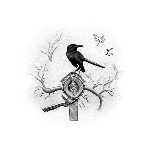 A carpenter's tool belt with a crow perched on it, overlooking a tree of life tattoo design idea