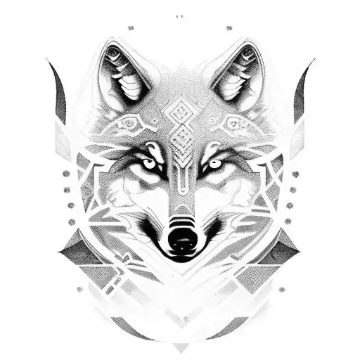 A wolf and a raven surrounded by intricate runic patterns tattoo design idea