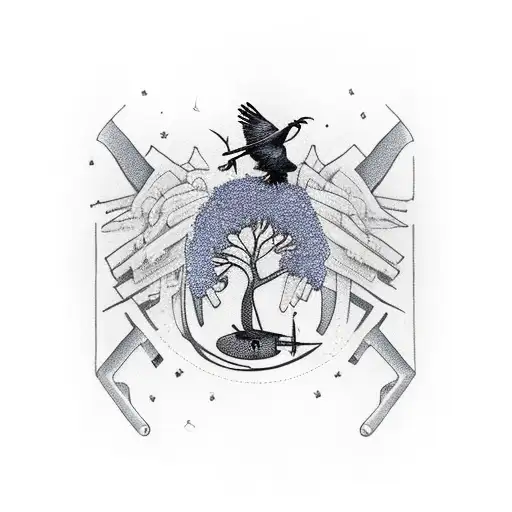 A carpenter's tool belt with a crow perched on it, overlooking a tree of life tattoo design idea