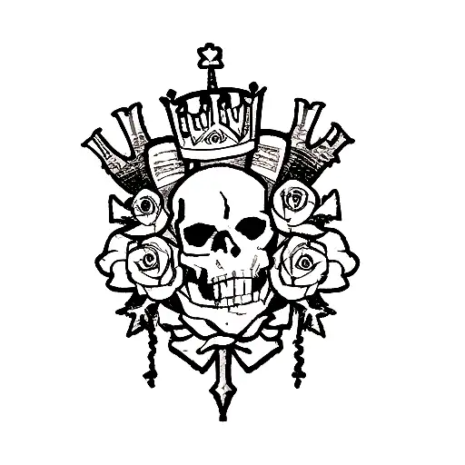 A skull with a king's crown, a sword on its head and biting a rose tattoo design idea