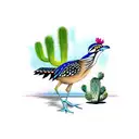 roadrunner with cactus and palm tree tattoo design idea