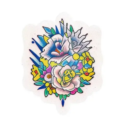 blessed in vibrant colors with flowers around it tattoo design idea