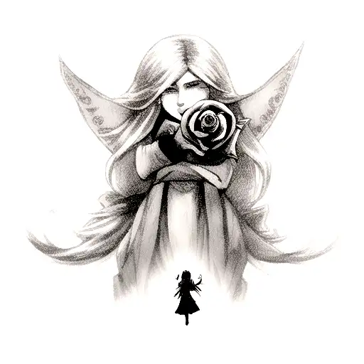 A girl holding a rose while surrounded by mystical World of Warcraft creatures tattoo design idea