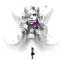 A girl holding a rose while surrounded by mystical World of Warcraft creatures tattoo design idea
