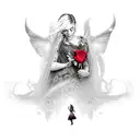 A girl holding a rose while surrounded by mystical World of Warcraft creatures tattoo design idea