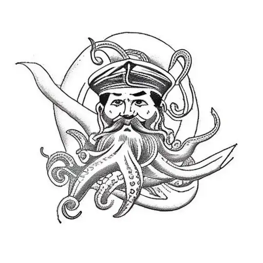 A traditional style tattoo of a sailor navigating through stormy seas with an octopus as his guide tattoo design idea