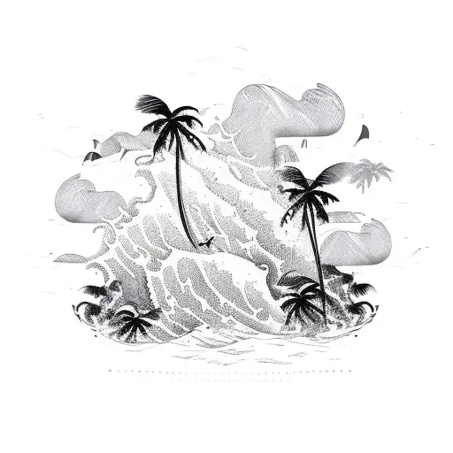 A tribal-inspired design of crashing ocean waves with palm trees in the foreground tattoo design idea