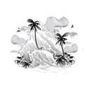 A tribal-inspired design of crashing ocean waves with palm trees in the foreground tattoo design idea