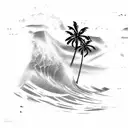 A tribal-inspired design of crashing ocean waves with palm trees in the foreground tattoo design idea
