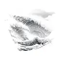 A tribal-inspired design of crashing ocean waves with palm trees in the foreground tattoo design idea