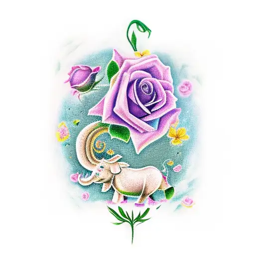 lily flower, rose flower, a horse, and elephant and the names Lily and Harper tattoo design idea