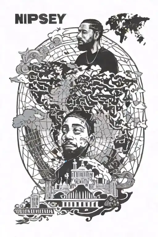 A tattoo design of a silhouette of Nipsey Hussle with a world map background, representing the client's admiration for the artist and love for travel, in blackwork style tattoo design idea