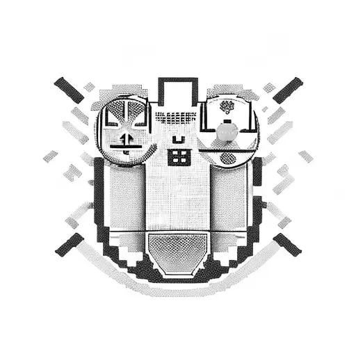 A pixelated gaming controller with music notes intertwined tattoo design idea