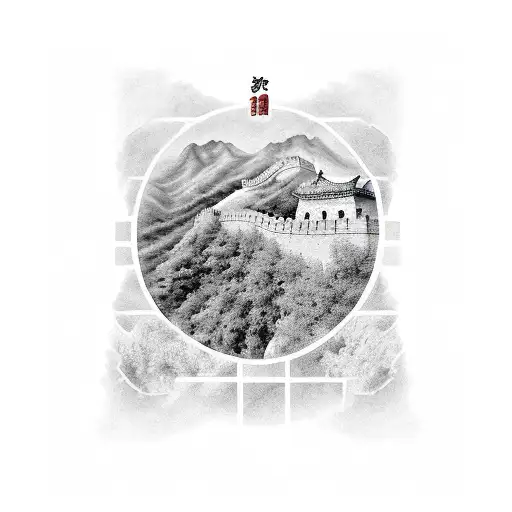 the Great Wall of China with terracotta soldiers fading into a samurai  tattoo design idea