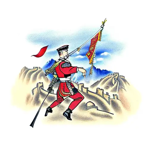 soldiers in front of Great Wall of China  tattoo design idea