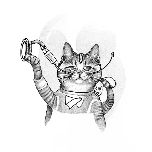 Nurse cat rocking out with a stethoscope microphone tattoo design idea