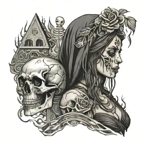 latina woman with a bandana in flames with a skeleton giving her a rose, a pyramid with 3rd eye, grim reaper, black bird tattoo design idea