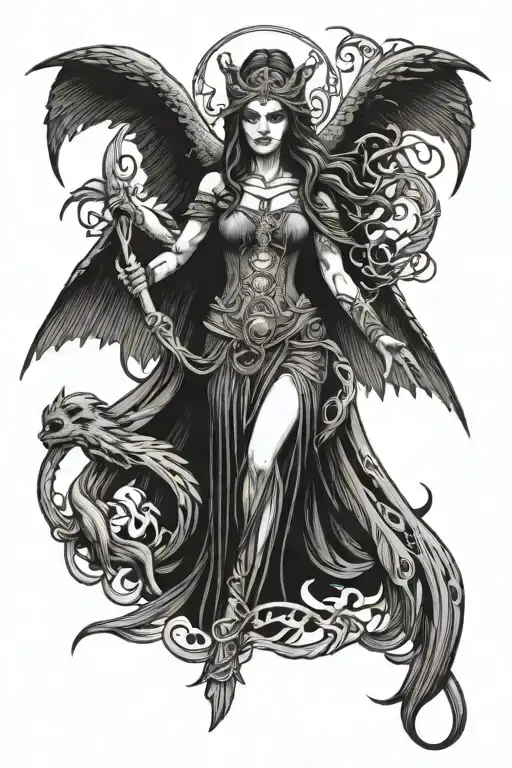 the morrigan Irish goddess dark tattoo design idea