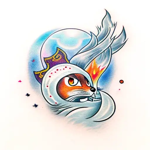 nine tail fox with blood moon and orbs of fire tattoo design idea