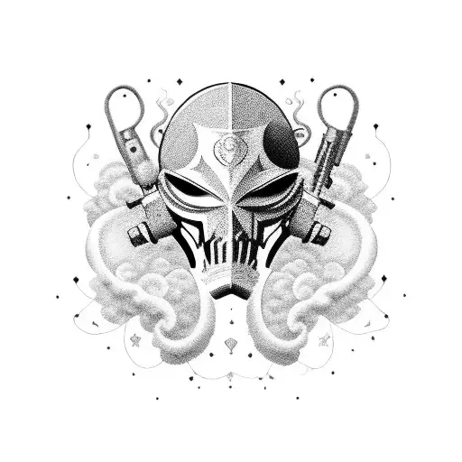 Style Chicano, Venetian masks, Guns, Texture of clouds tattoo design idea
