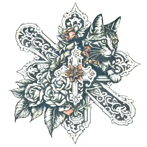 A cross with flowers around it with cat and cardinal  tattoo design idea
