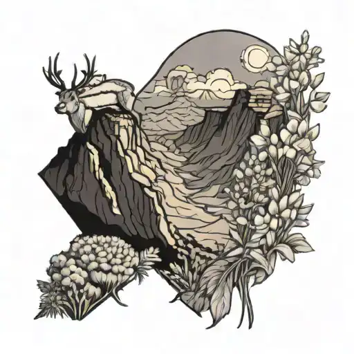 An abstract representation of a hiker overlooking the Grand Canyon with a family of 3 deer and gladiolas tattoo design idea