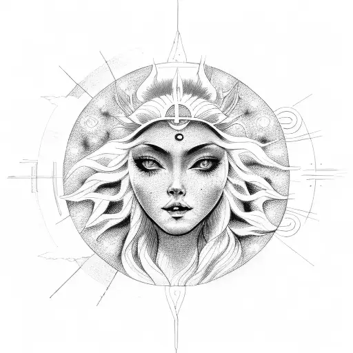 A celestial goddess with a sun and moon crown tattoo design idea