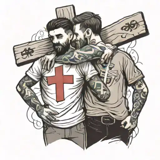 Two friends who are hugging, an arm over the shoulder and for them to be in the shadow behind the cross next to which the soccer ball is and from tattoo design idea