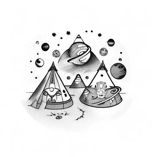 space themed abstract tattoo with ufos', small tents, sunflowers, dragons tattoo design idea
