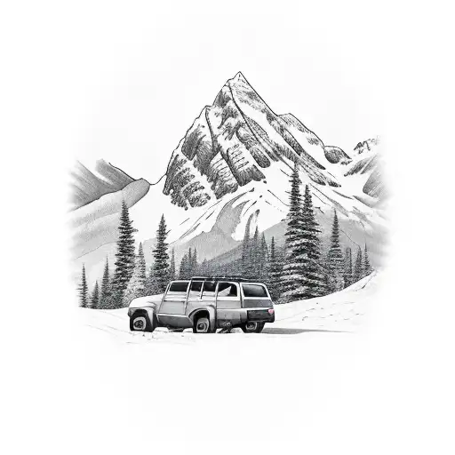 mountain background with a jeep and germand shorthaired pointer in the foreground  tattoo design idea