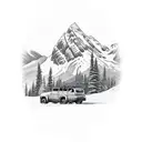 mountain background with a jeep and germand shorthaired pointer in the foreground  tattoo design idea