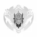 A blackwork tattoo of a medieval knight wearing a traditional Japanese Oni mask tattoo design idea