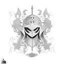 A blackwork tattoo of a medieval knight wearing a traditional Japanese Oni mask tattoo design idea
