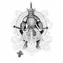 A blackwork tattoo of a medieval knight wearing a traditional Japanese Oni mask tattoo design idea