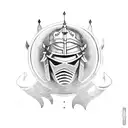 A blackwork tattoo of a medieval knight wearing a traditional Japanese Oni mask tattoo design idea