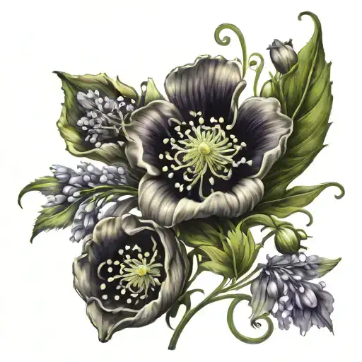 leaves and flower combo with these flowers  poppy, lilly of the valley, larkspur, aster, chrysanthemum  tattoo design idea