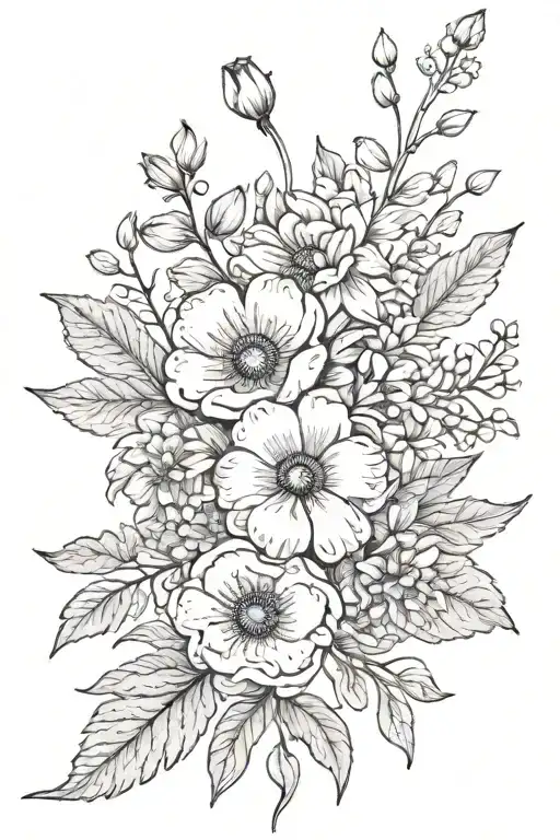 tattoo with leaves and these flowers poppy, lilly of the valley, larkspur, aster, chrysanthemum tattoo design idea