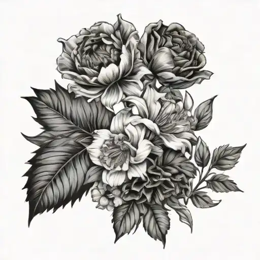 leaves and flower combo with these flowers  poppy, lilly of the valley, larkspur, aster, chrysanthemum  tattoo design idea