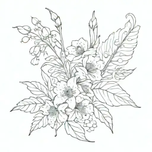 leaves and flower combo with these flowers  poppy, lilly of the valley, larkspur, aster, chrysanthemum  tattoo design idea