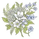 leaves and flower combo with these flowers  poppy, lilly of the valley, larkspur, aster, chrysanthemum  tattoo design idea