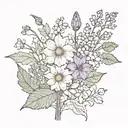 leaves and flower combo with these flowers  poppy, lilly of the valley, larkspur, aster, chrysanthemum  tattoo design idea