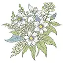 leaves and flower combo with these flowers  poppy, lilly of the valley, larkspur, aster, chrysanthemum  tattoo design idea