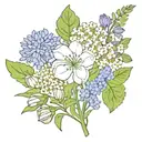 leaves and flower combo with these flowers  poppy, lilly of the valley, larkspur, aster, chrysanthemum  tattoo design idea